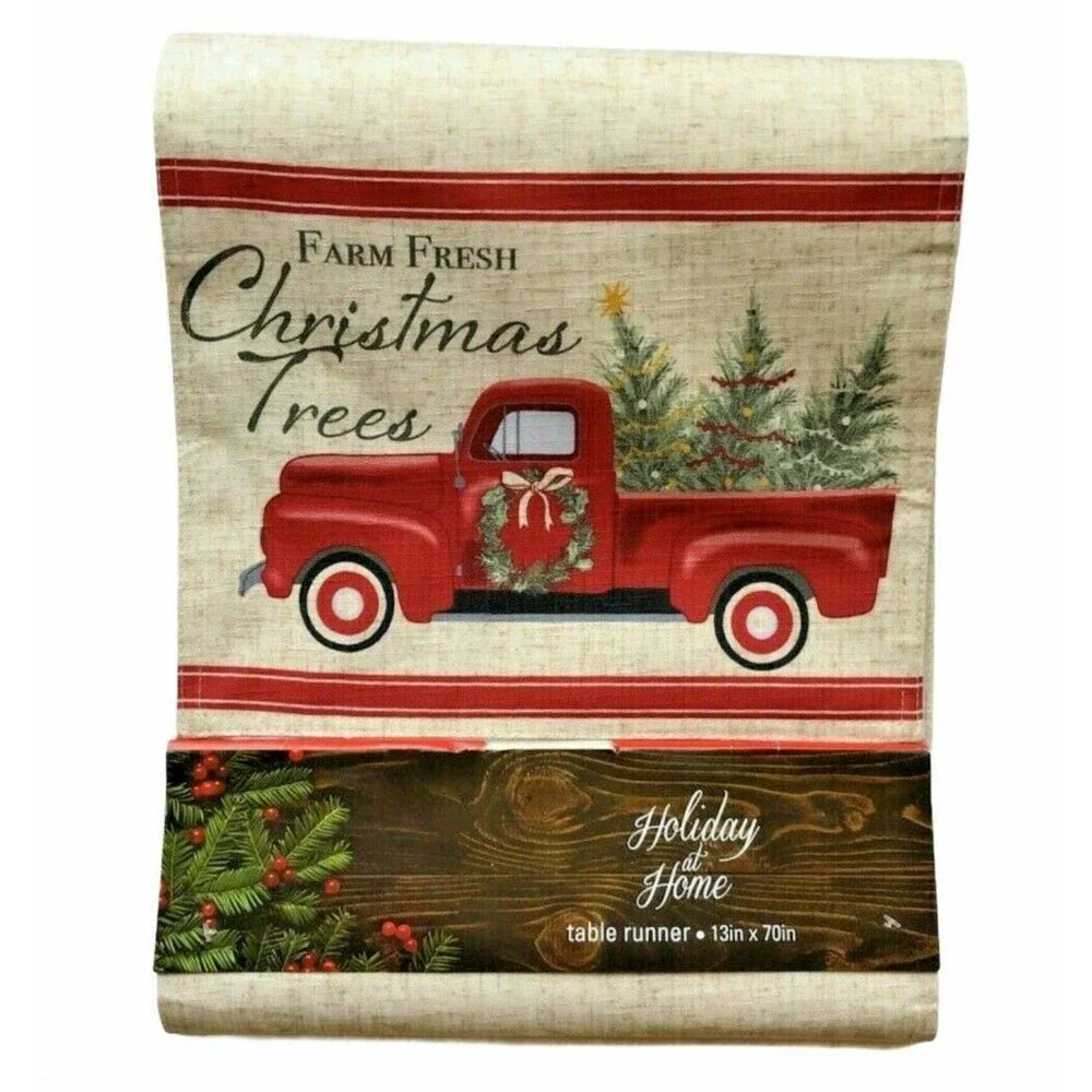 Christmas Trees Red Farm Truck Table Runner Wreath Cabin Lodge Farm Fresh 70x13